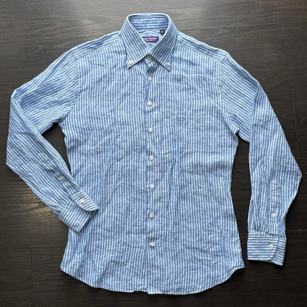 Spier & Mackay 100% Linen Long Sleeve Shirt Mens 15/33 Blue Striped Extra Slim